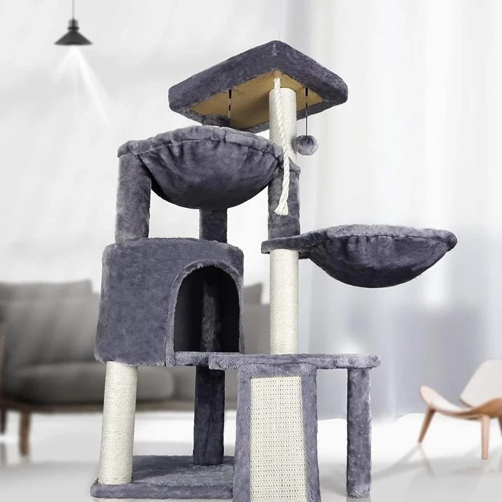 Three Layer Cat Tree with Cat Condo and Two Hammocks, Grey
